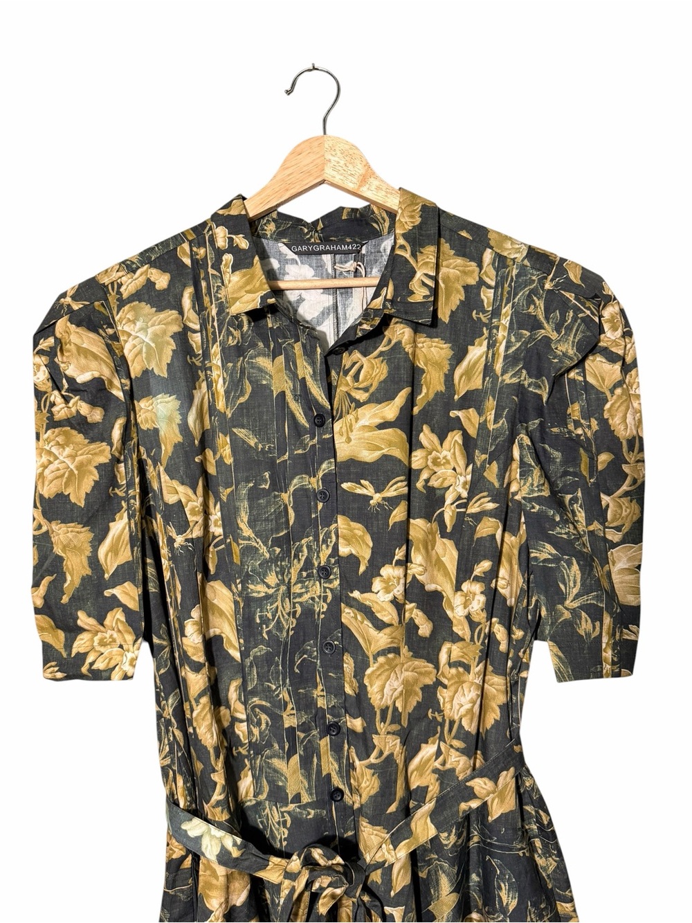 Black Floral Midi Shirt Dress with Gold Botanical Print - Picture 2 of 7